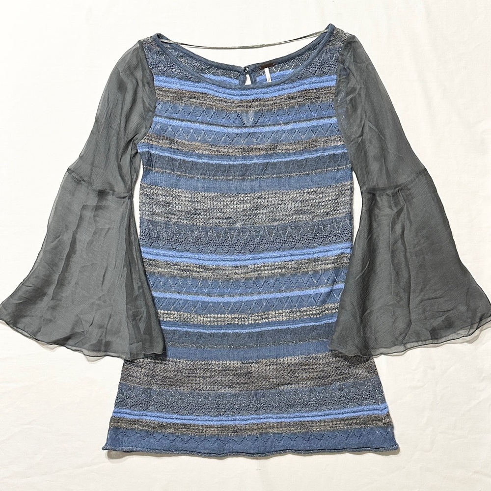Free People Blue/GrayBeige Striped Sweater Dress w/Sheer Gray Bell Sleeves - XS